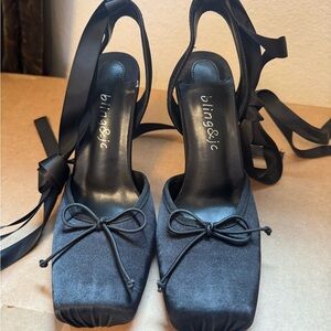 Black High Heel Slingback Sandals with Bow